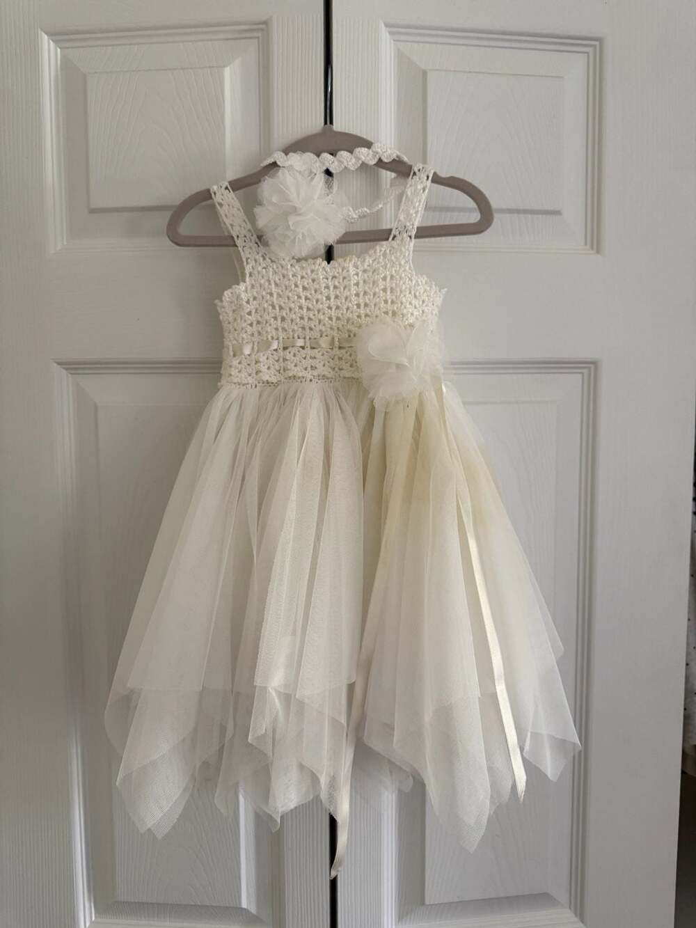 Boho Ivory Crochet and Tulle Flower Girl Dress with Matching Headband